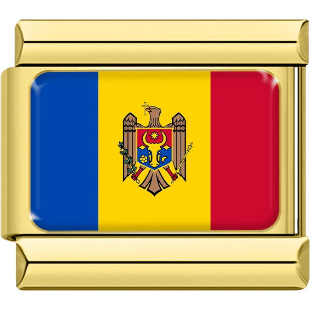 Italian charm with a gold frame showing the blue, yellow and red vertical stripes of Moldova’s flag with the national coat of arms.